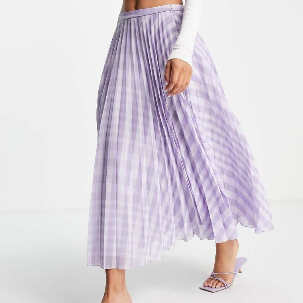 Pleated Midi Skirt In Lilac Gingham Print-purple US 12